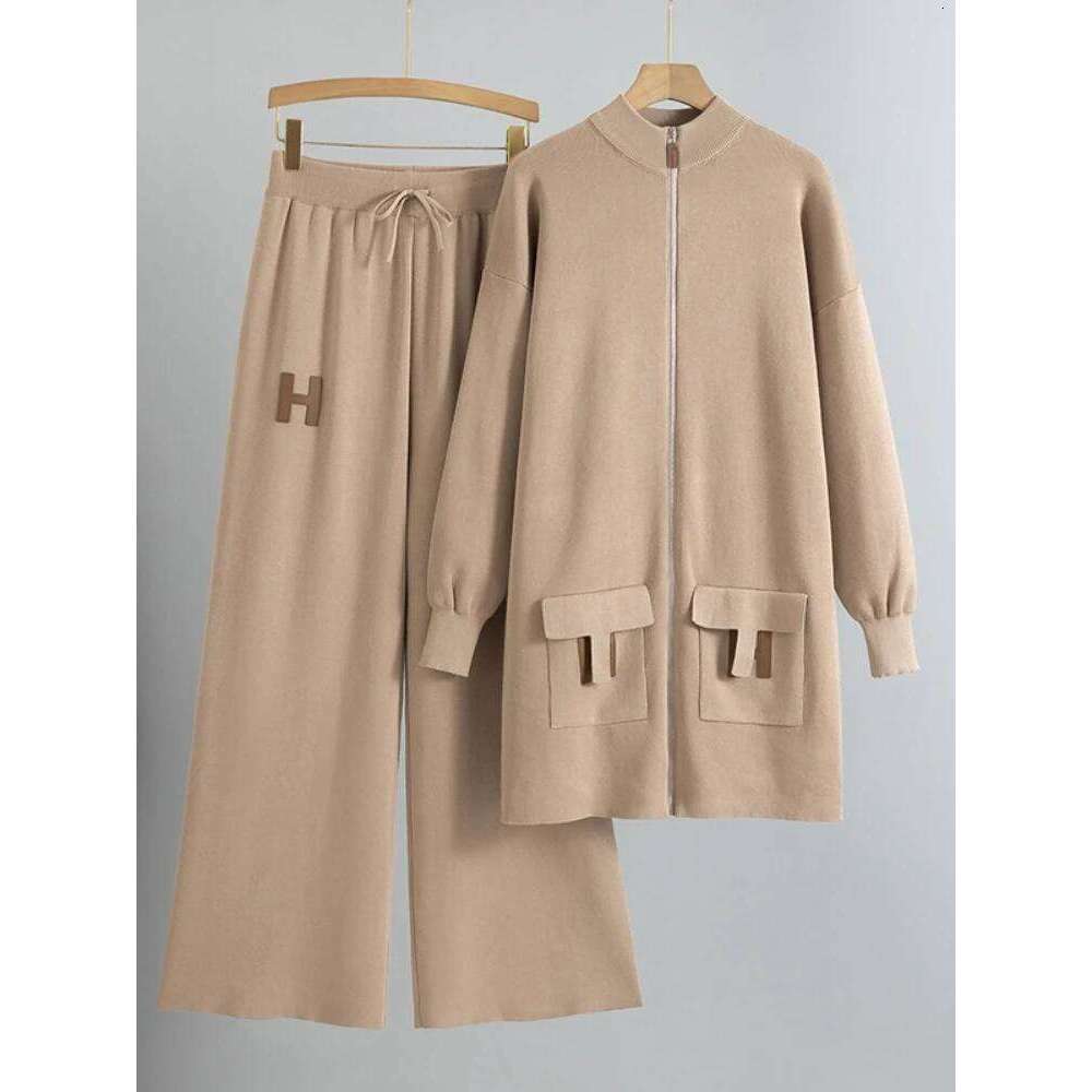Designer Leisure High Quality European and American style suit zipper loose knit sweater long top+drawstring wide leg pants casual temperament 2piece 