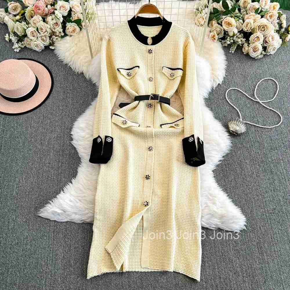 Vintage Knit Dress for Women High Waist Elegant Fashion Korean Vestidos De Mujer Bodycon Robe Femme Long Sleeve Bandage Dresses