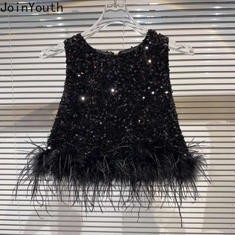 Women Clothing Korean Tanks O-neck Sleeveless Feather Temperament Vest Chic Summer Camis Heavy Sequin Crop Tops 2025 Ropa Mujer
