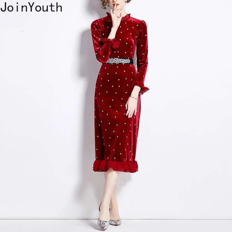Temperament Robe Femme Velvet Dresses for Women 2025 Vestidos De Mujer O-neck Flare Sleeve Tunic Heavy Diamond Ruffles Dress