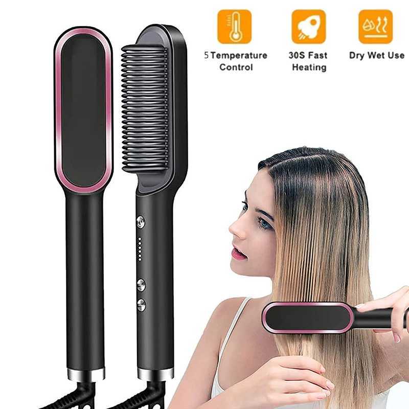 Hair Straightener Brush For Woman Hair Styling 2-In-1 Ionic Straightening Brush Hot Curler Comb With Anti-Scald Feature 5 TemperXJ250621