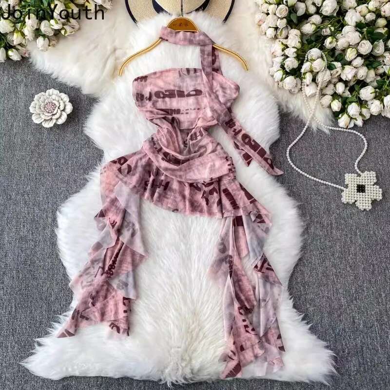 Sexy Crop Tops Women Vest Letter Print Tunic Strapless Tees 2025 Ropa Mujer Chic Irregular Ruffles Camis Backless Summer Tanks