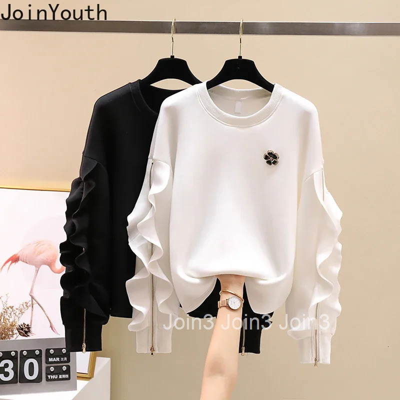 Joinyouth Clothes for Teens Korean Fashion Sweatshirts Women O-neck Ruffles Zipper Pullovers Tops Loose Casual Sweet Hoodies