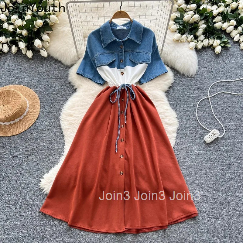 Contrast Color Woman Dress Fake Two Chic Robe Femme 2025 Vestidos De Mujer Patchwork Denim Chic Casual Slim Waist Summer Dress
