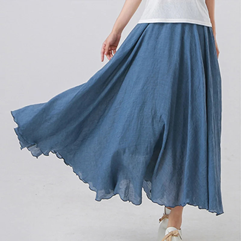 High Quality Cotton Linen Maxi Skirt Womens Casual Elastic High Waist Pleated A-Line Beach Skirts Boho Saia Feminina Faldas Jupe 250619