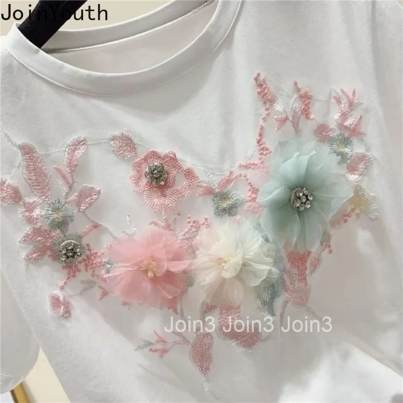 Summer Woman Tshirts Casual Tees 3D Floral Embroidery T Shirt Oversized Tops Short Sleeve O-neck Chic Camisetas Women Clothing