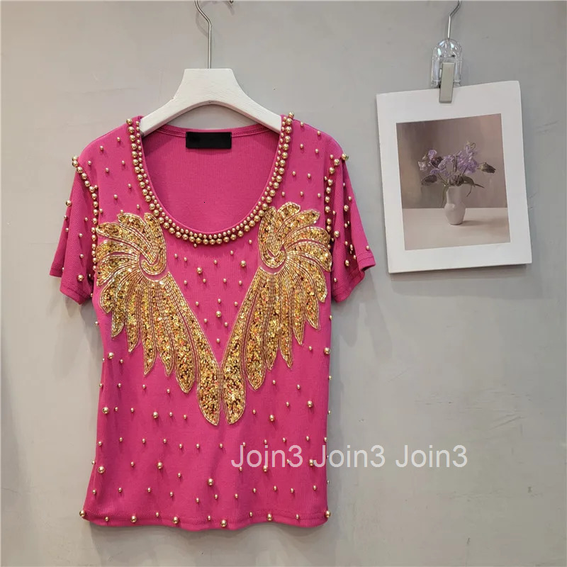 Fashion Heavy Beading T Shirts Women Diamond Casual Summer Tees 2025 Ropa Mmujer Y2k Tshirts O-neck Short Sleeve White T-shirt
