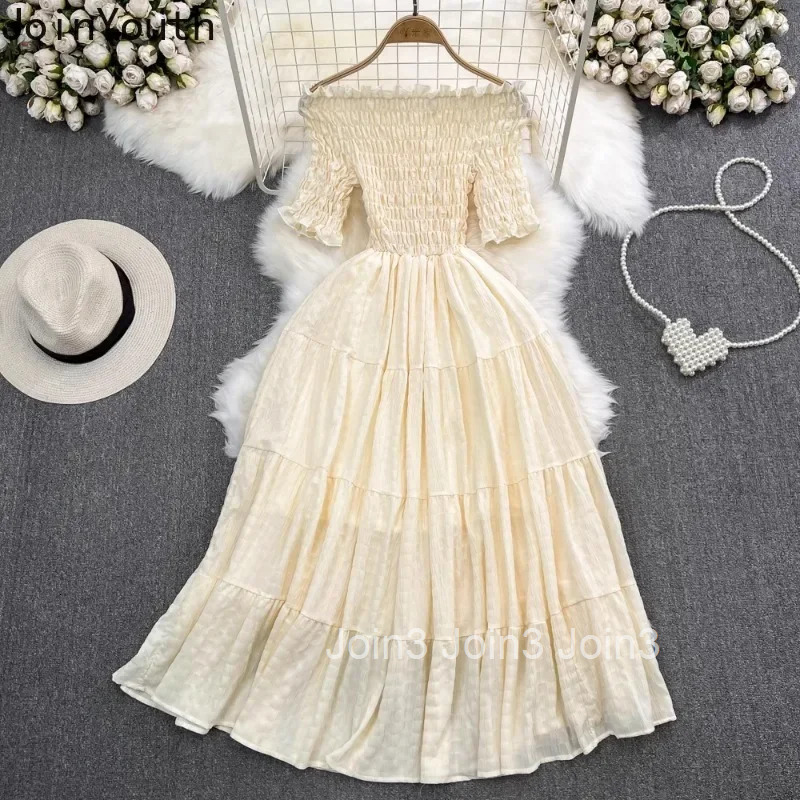 Summer Woman Dress Short Sleeve Slash Neck Folds Robe Femme Vestidos De Mujer Slim Waist Off Shoulder Fashion Sweet Maxi Dresses