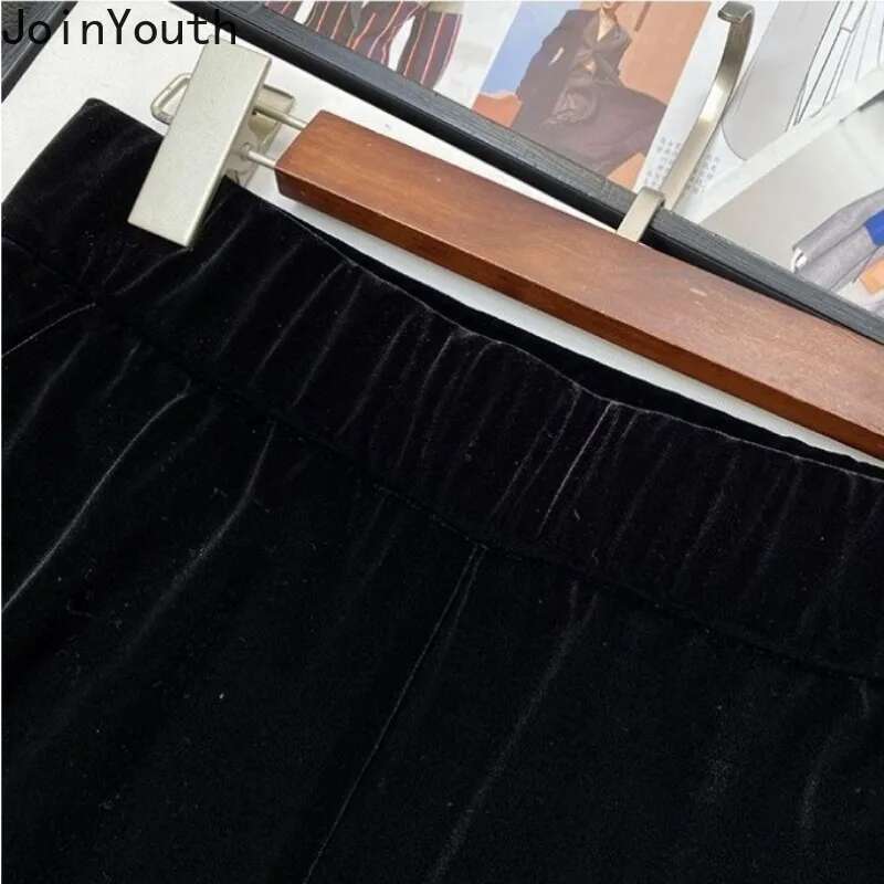 Korean Wide Leg Pants for Women High Waist Tunic Loose Trousers 2025 New Bottoms Vintage Straight Velvet Black Pantalon Femme