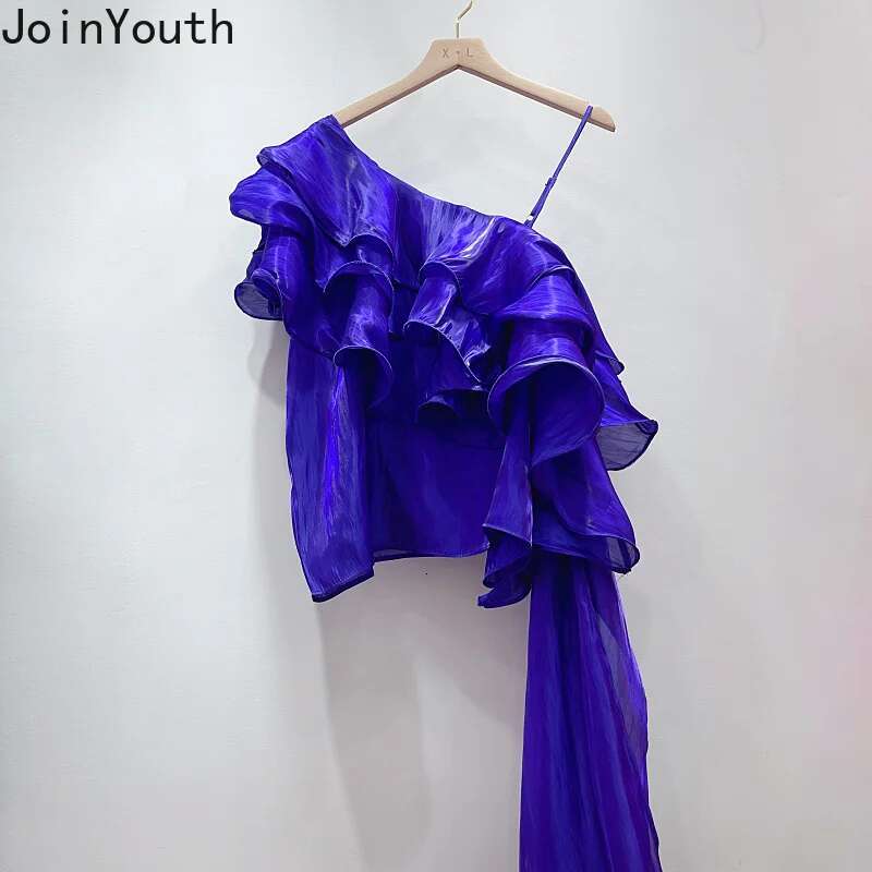 Sexy Camisas De Mujer Summer Blouse 2025 Women Clothing Sleeveless Off Shoulder Shirts Crop Tops Chic Irregular Ruffles Blouses
