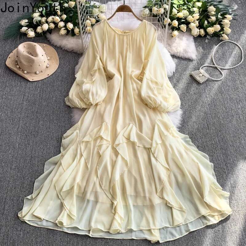 2025 Vestidos De Mujer Vintage Dress for Women Beading O-neck Lantern Sleeve Solid Color Robe Femme Ruffles Sweet Summer Dresses