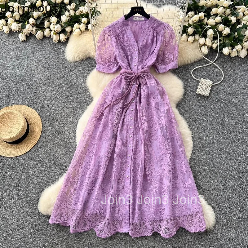 2025 Vestidos De Mujer Vintage Summer Dresses for Women Bandage Slim Waist Lace Robe Femme Chic Korean A-line Elegant Maxi Dress