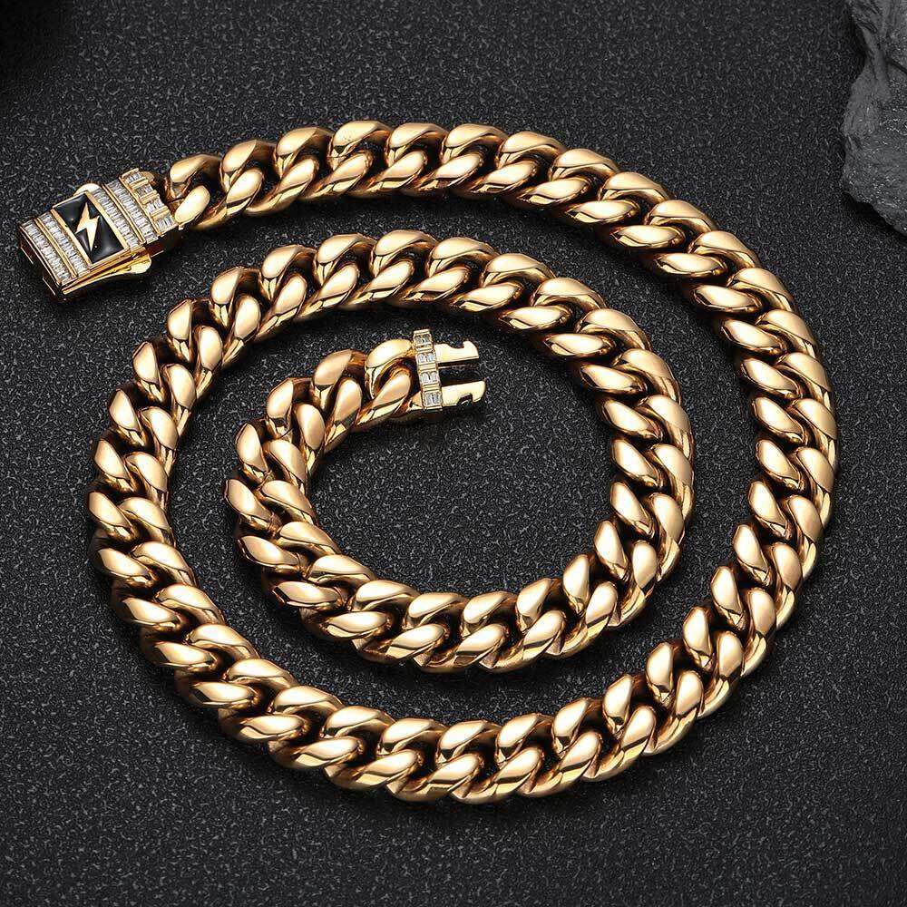 New Lighing Zircon Spring Clasp Stainless Cuban Hip Hop Titanium Steel Jewelry Men's Necklace 00ec