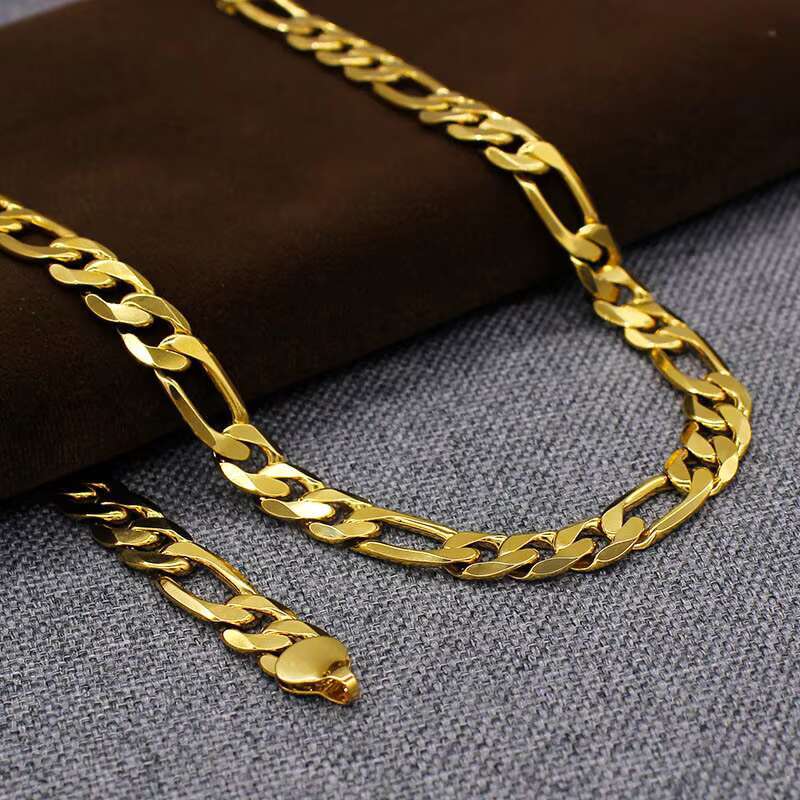 Hot Sale Copper Jewelry Women Men Wholesale Plain 14K 18K Gold Plated 24 Inches Flat Figaro Chain Necklace