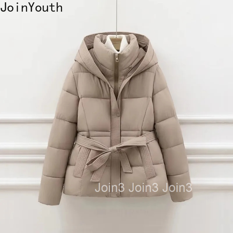 Winter Parkas New Moda Thicked Warm Women Clothing Slim Waist Lace Up Solid Elegant Jackets Tops Casual Vintage Hooded Down Coat