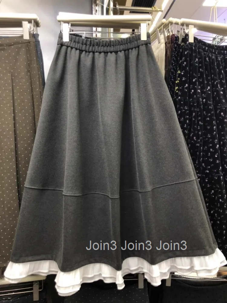 Patchwork Ruffles Woolen Women Skirt Temperament Jupe Vintage Korean Saia High Waist Thicked Skirts 2025 Faldas Mujer De Moda