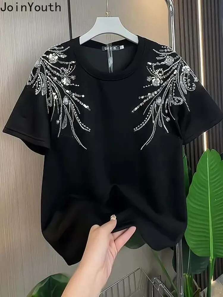2025 Ropa Mujer White Tshirts for Women O-neck Short Sleeve Tees Fashion Sequin Diamond Camisetas Loose Casual Summer T-shirt
