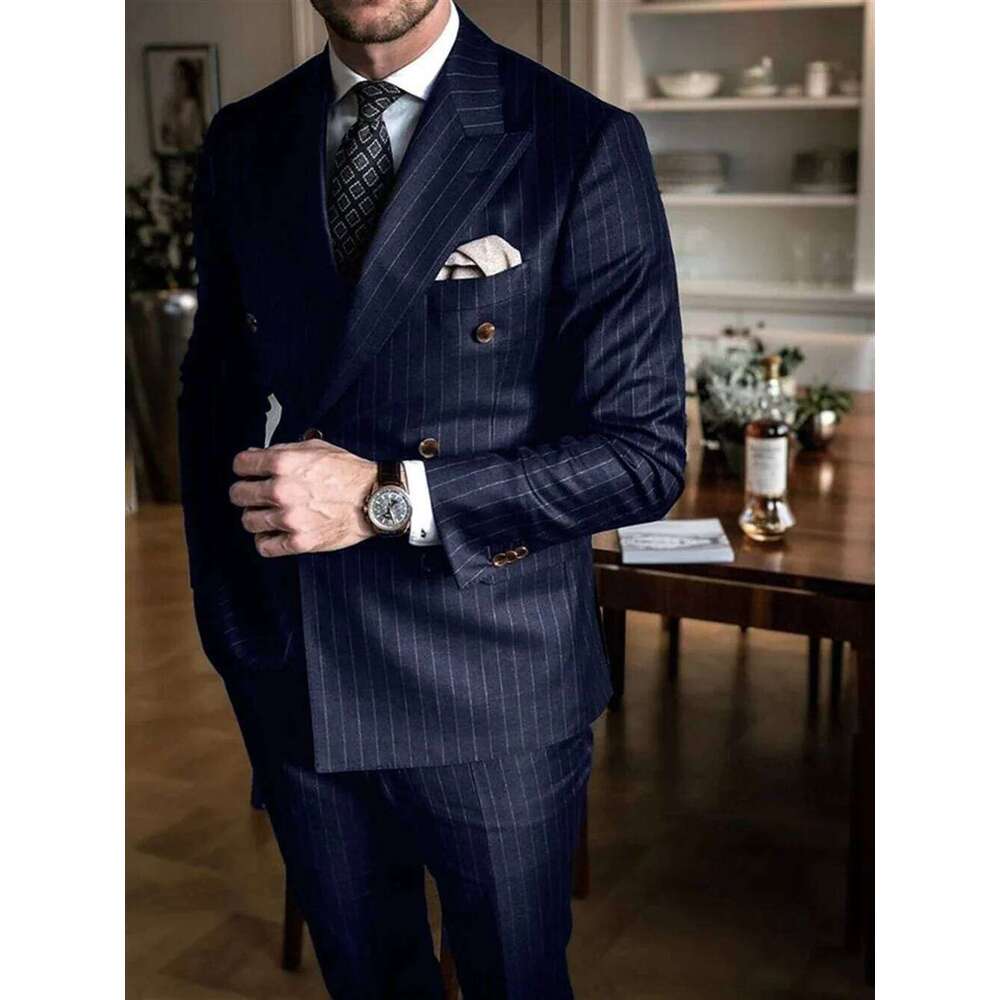 2 Piece Chic Pinstripe Navy Blue Men Suits Set High Quality Formal Double Breasted Peak Lapel Suit Slim Fit Smart Casual Tuxedo