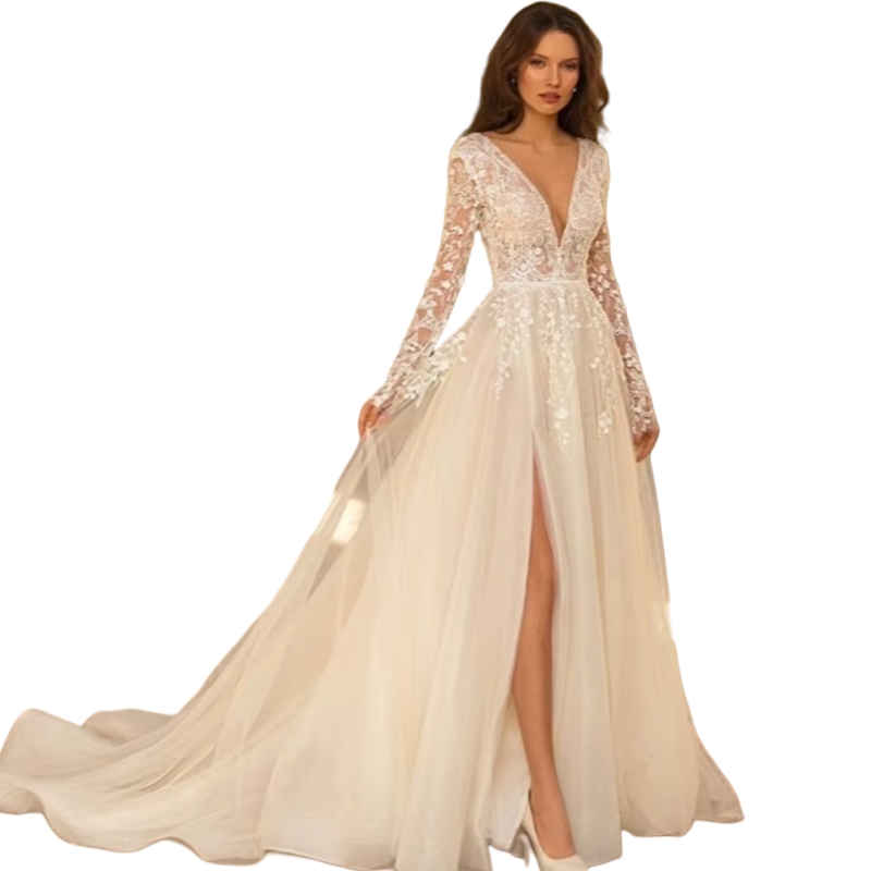 Boho Wedding Dresses Deep V-Neck Long Sleeves A-Line Beach Bridal Gown Side High Slit Sexy Bride Dress Lace Appliques Dark Ivory Vestido De Novia