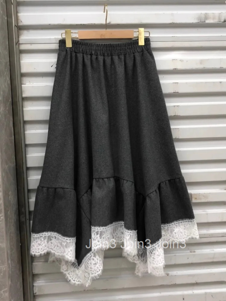 Woolen Gray Skirts for Women 2025 Faldas Mujer De Moda Patchwork Lace Fashion Jupe Big Swing Korean Saia A-line Irregular Skirt