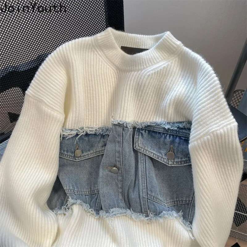 Streetwear Oversized Pullovers Women Clothing Patchwork Denim Casual Jumper Sueter Mujer Vintage Fashion Knitted Sweater Coat