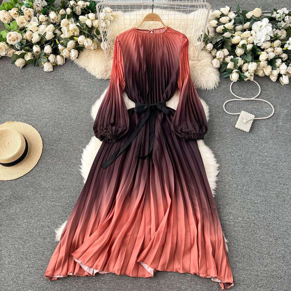 Retro Gradient Plelated Elegant Lace Up Loose A-Line Long Sleeve Casual O-Neck High Waist Dress Women Summer