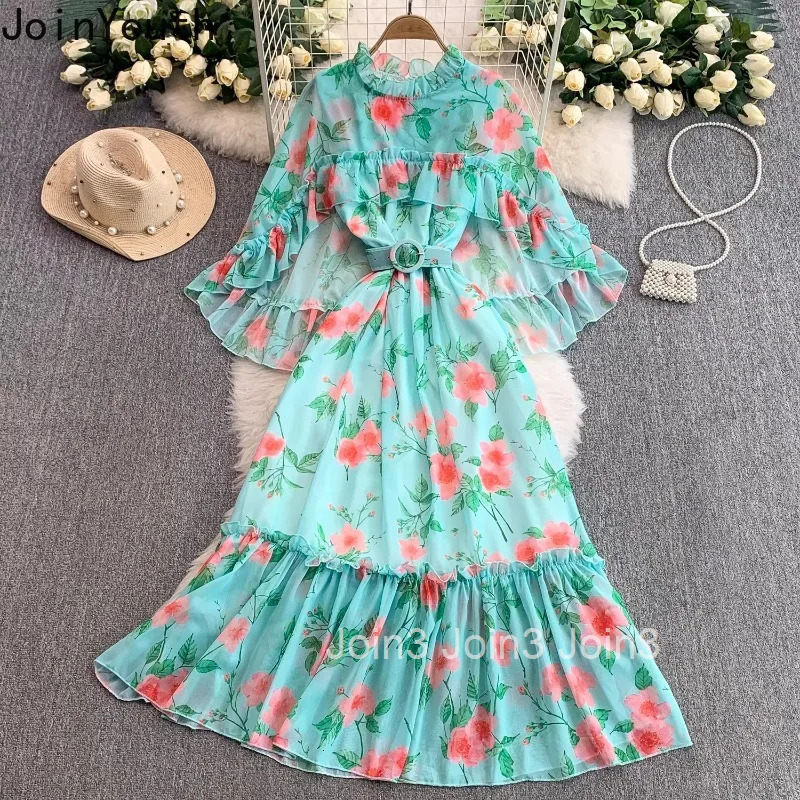 Floral Sweet Dresses Women Clothes O-neck Flare Sleeve Slim Waist Robe Femme 2025 Vestidos De Mujer Ruffles Chiffon Summer Dress