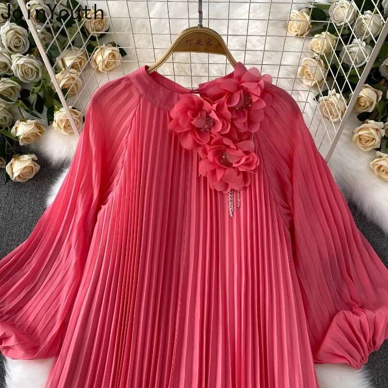 Elegant Summer Dress Lantern Sleeve O-neck Beading 3D Floral Robe Femme 2025 Vestidos De Mujer Solid Color Pleated Maxi Dresses