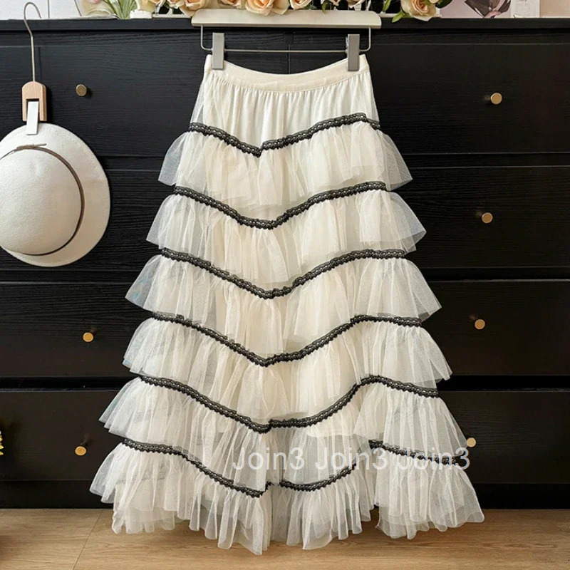 Sweet Summer Long Skirts Women 2025 Faldas Mujer De Moda High Waist A-line Jupe Ruffles Folds Skirts Patchwork Gauze Korean Saia
