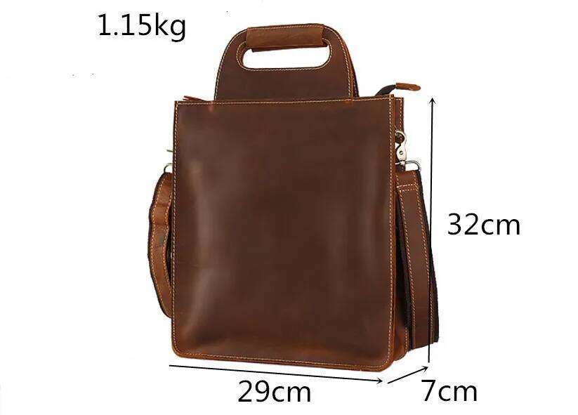 New Men's Handbag Genuine Men Shoulder Crossbody Bag 13" Laptop Bags Vertical Square Retro Handmade First Layer Leather