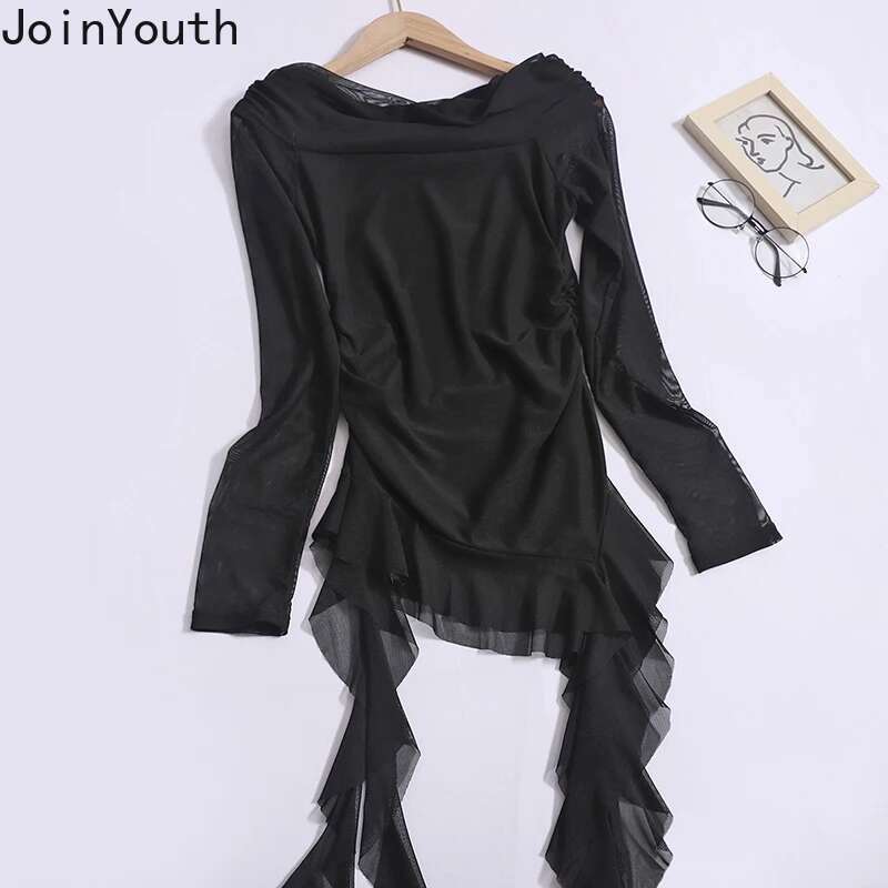 Woman Tshirts Y2k Top Slash Neck Long Sleeve Tunic Tees 2025 Ropa Mujer Fashion Irregular T Shirts Ruffles Tops Korean Camisetas