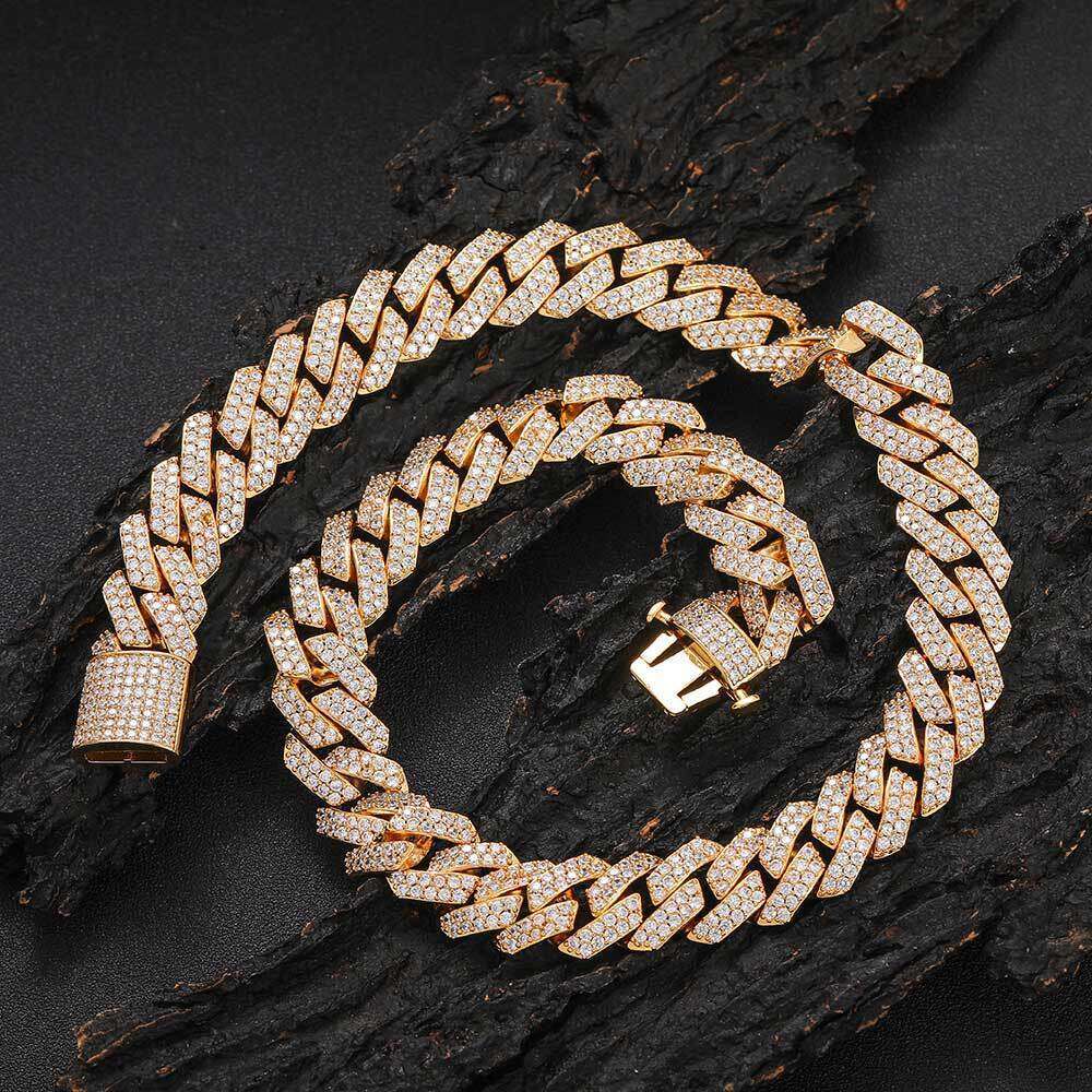 Hip Hop Jewelry 15mm Elastic Buckle Double Row Zircon Dia Cuban Chain Men's Necklace 9a9f