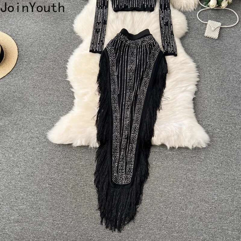 Temperament Suit Two Piece Sets Womans Clothes for 2025 Diamond Tunic Crop Tops Chic Tassel Bodycon Skirt Outfits Chic Y2k Set