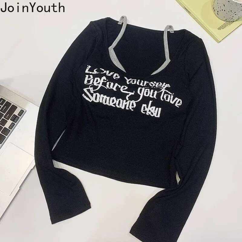 Women Clothes Fake Two Tshirts Tunic Long Sleeve Camisetas Letter Print Tees 2025 Ropa Mujer Casual Fashion Korean T Shirt Tops