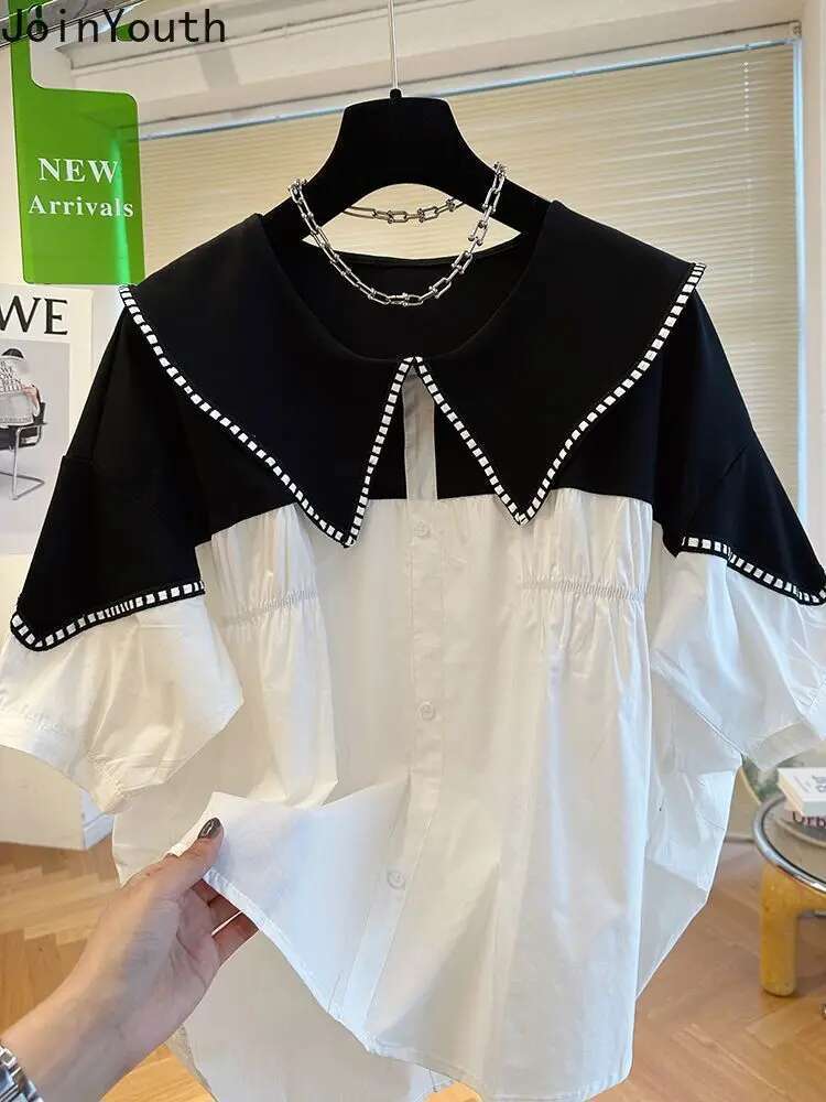 Contrast Color Blouse for Women 2025 Blusas Mujer De Moda Patchwork Loose Summer Shirts Peter Pan Collar Fashion Blouses Tops