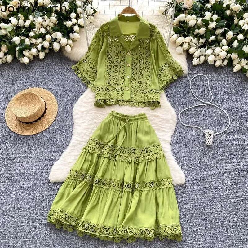 Skirt Suit 2 Piece Sets Women Outfits Short Sleeve Hollow Out Blouses Slim Waist Patchwork Lace A-line Skirts Set Summer Clothes