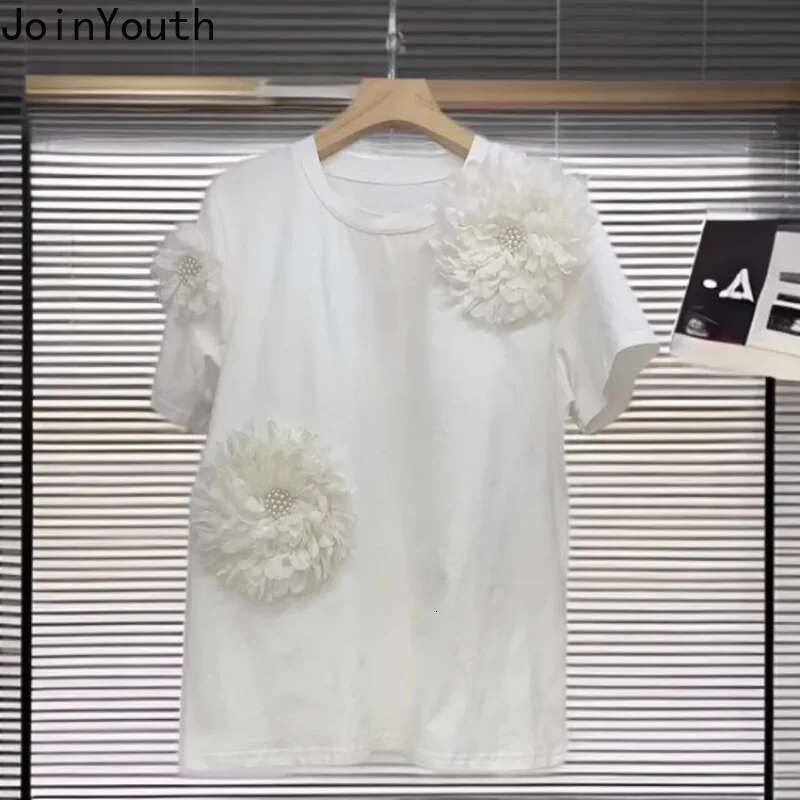 Summer Women Clothes Y2k Tops White Woman T-shirts 2025 Ropa Mujer 3D Floral Tees Short Sleeve O-neck Fashion Casual T Shirts