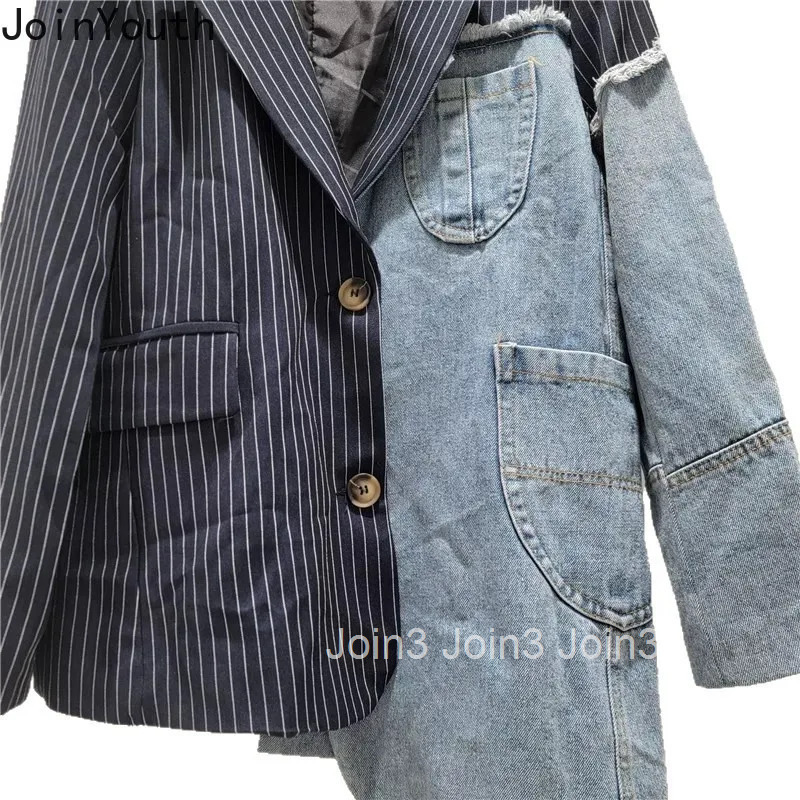 Womens Suit Jacket Striped Patchwork Denim Outwear Streetwear Y2k Tops Fashion Outwear Casual Irregular Coat 2025 Ropa Mujer
