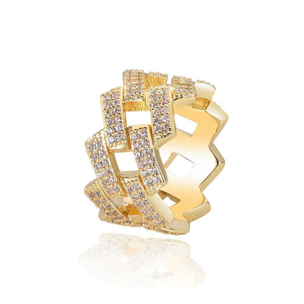 14mm Diamond-Shaped Cuban Real Gold Plated Double Row Zircon Trendy Hip Hop Men's Ring 8d34