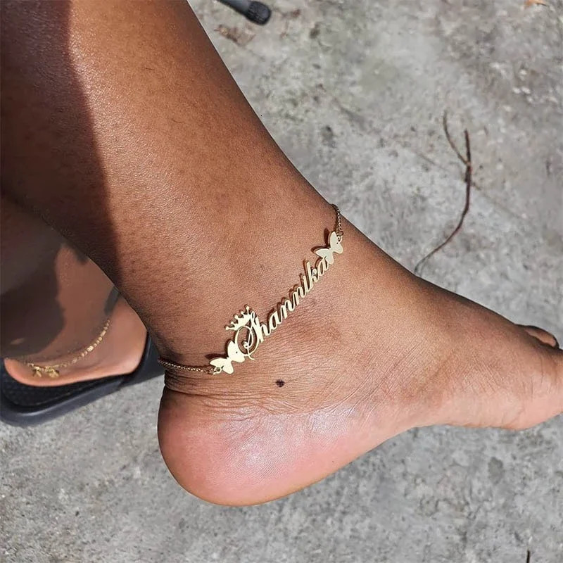Personalized Butterfly Crown Name Anklet Women Girl Stainless Steel Custom Nameplate Ankle Bracelet Jewelry Birthday Gifts 250617