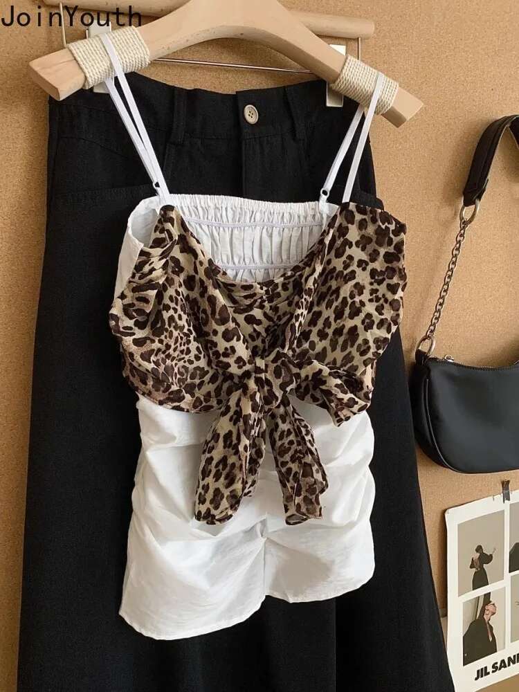 Contrast Color Leopard Print Tanks 2025 Womens Clothing Sexy Tunic Fashion Vest Crop Tops Bandage Bow Summer Tees Korean Camis