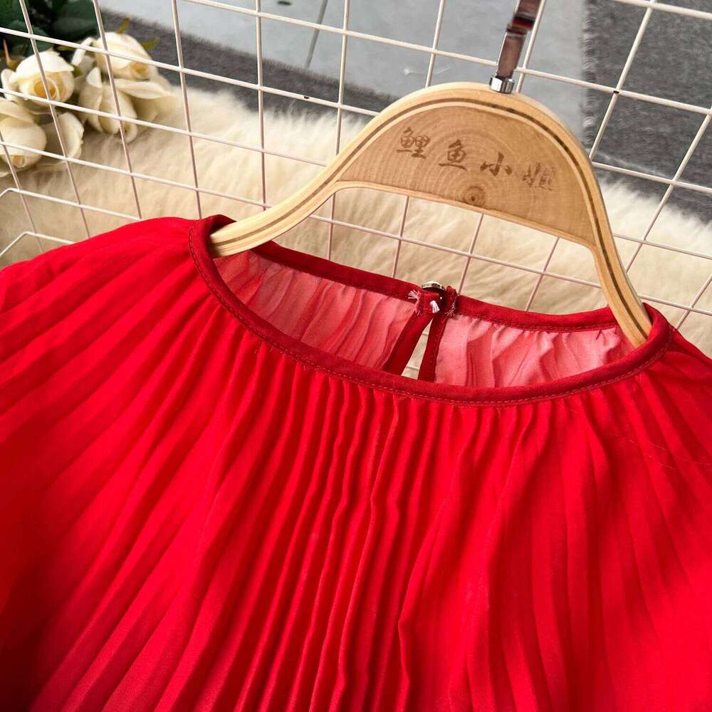 Retro Gradient Plelated Elegant Lace Up Loose A-Line Long Sleeve Casual O-Neck High Waist Dress Women Summer