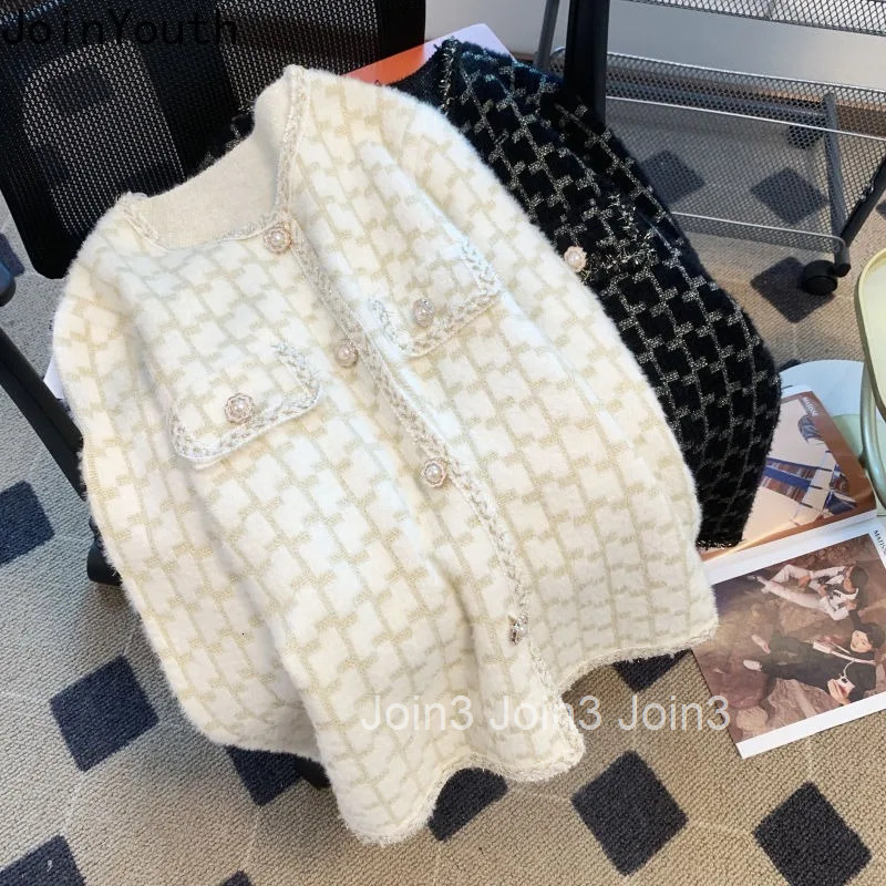 Knitwear Plaid Cardigan Jackets Women Autumn Winter Clothing Sueter Mujer Soft Furry Knit Sweater Tops Loose Vintage Pull Femme