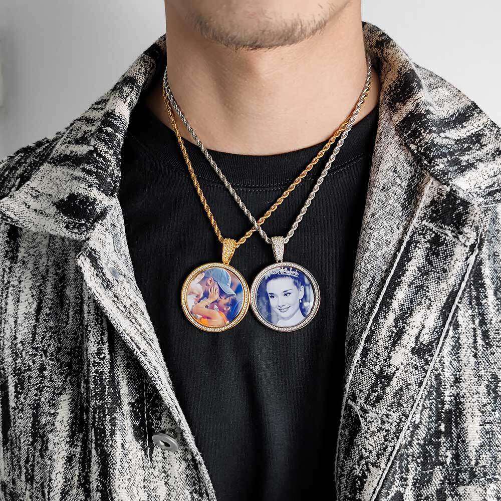 Hip Hop Jewelry Side Dia Round Photo Pendant Personality Micro Paved Zircon Memory Frame Necklace 3e5b