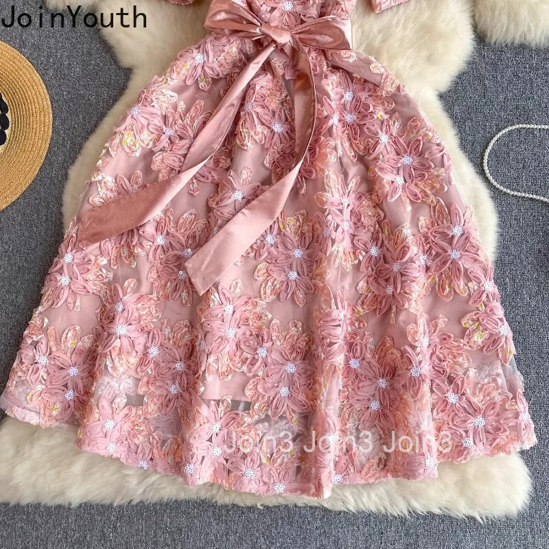 Pink Dresses Womens Clothing Bandage Beading Floral Slim Waist Robe Femme Fashion Summer Elegant Dress 2025 Vestidos De Mujer