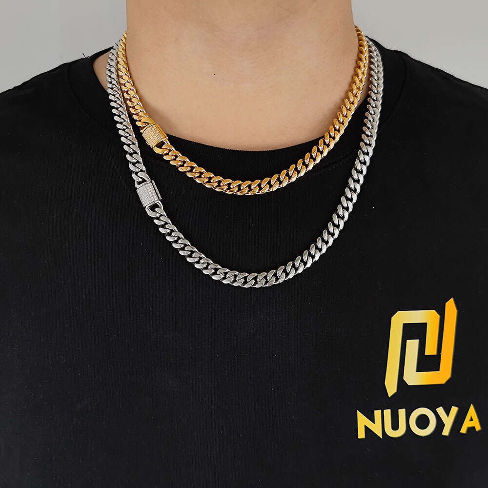 Hip Hop Stainless Round Polished Encrypted Cuban Chain Vacuum Plated Zircon Flip Clasp Titanium Steel Necklace 8602