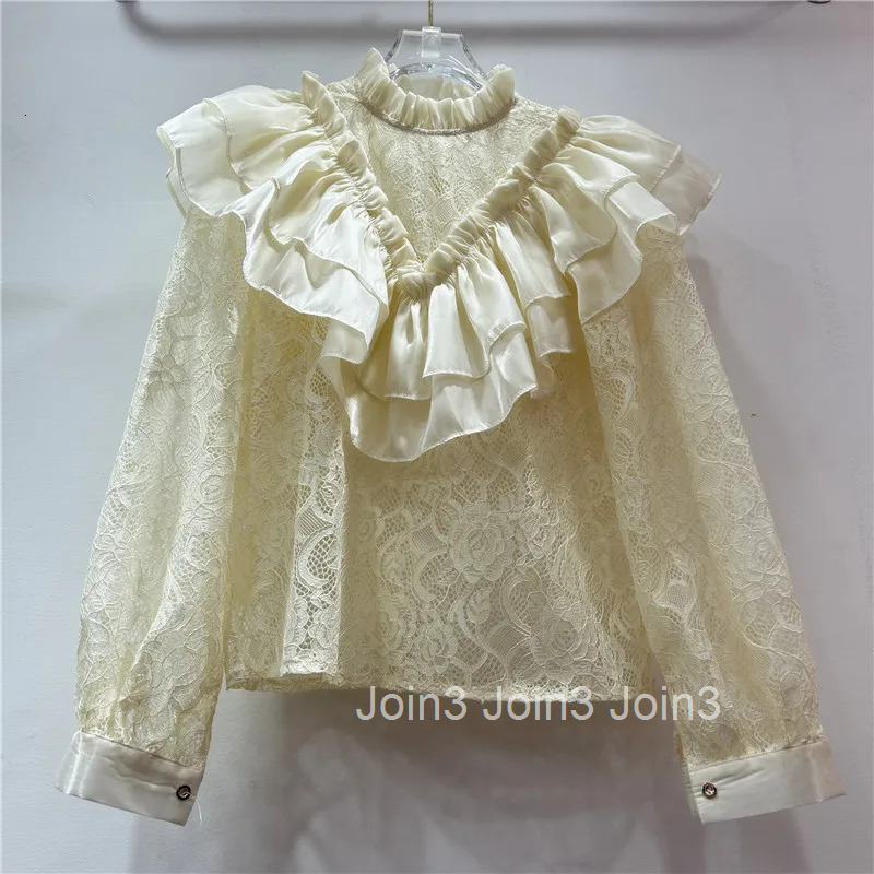 Womens Tops 2025 Camisas De Mujer Stand Neck Long Sleeve Lace Blouses Ruffles Hollow Out Fashion Summer Chiffon Shirt Blouse