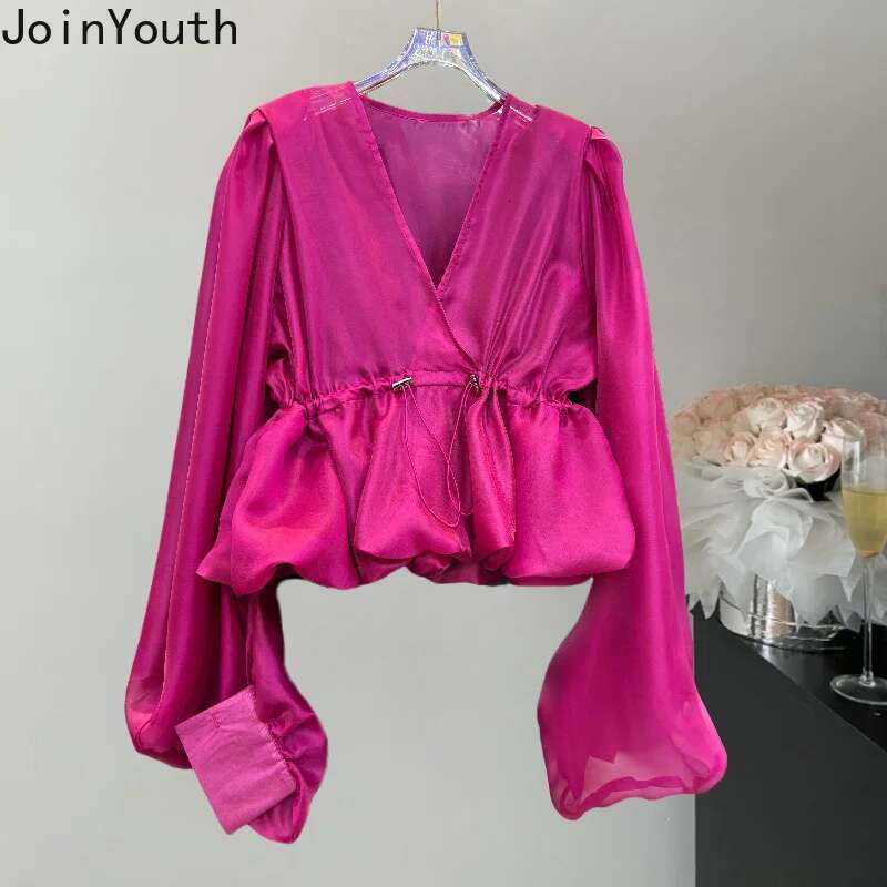 Women Clothing Summer Blouses Temperament Lady Tops Solid Color V-neck Lantern Sleeve Shirts Slim Waist Thin Camisas De Mujer