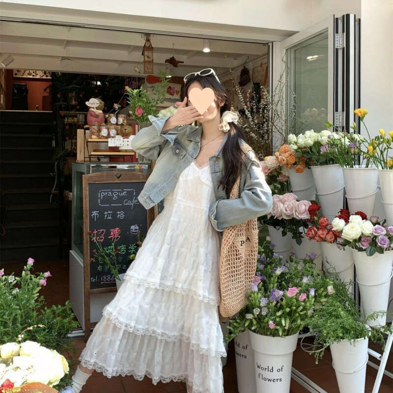 White Skirt Maxi Skirt New French Style White Strap Long Versatile Sweet Youthful Lace Cake Beach Dress Spring Summer Long Skirt