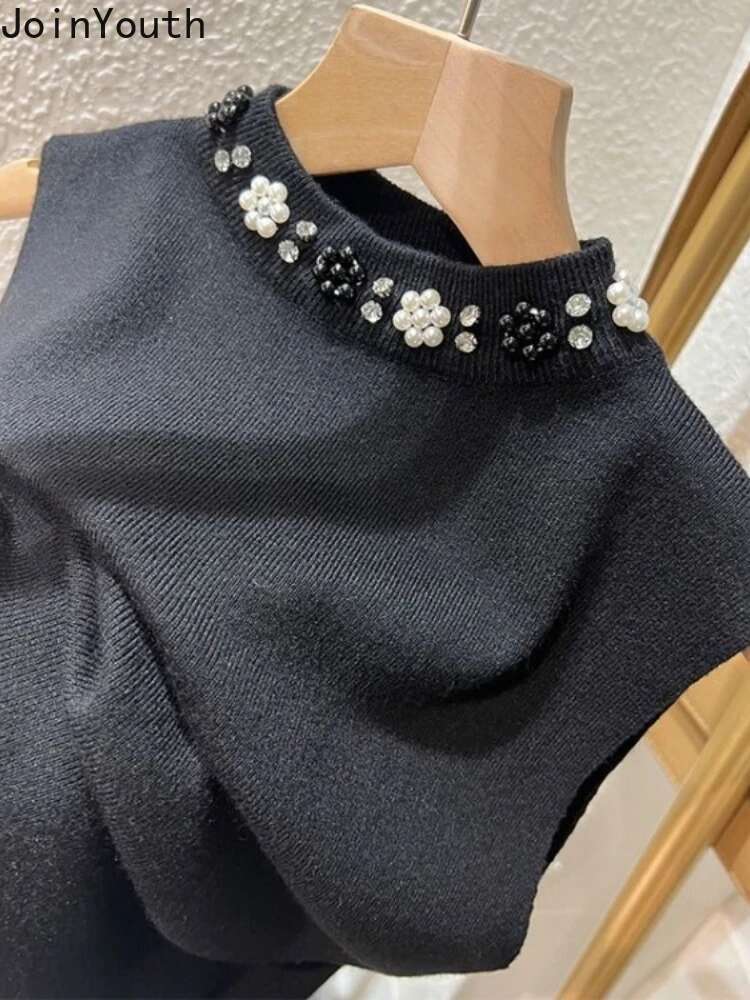 Women Clothing Temperament Vest Beading O-neck Sleeveless Tunic Camis Ropa Mujer Knitting Crop Tops Fashion Korean Tanks 63c215
